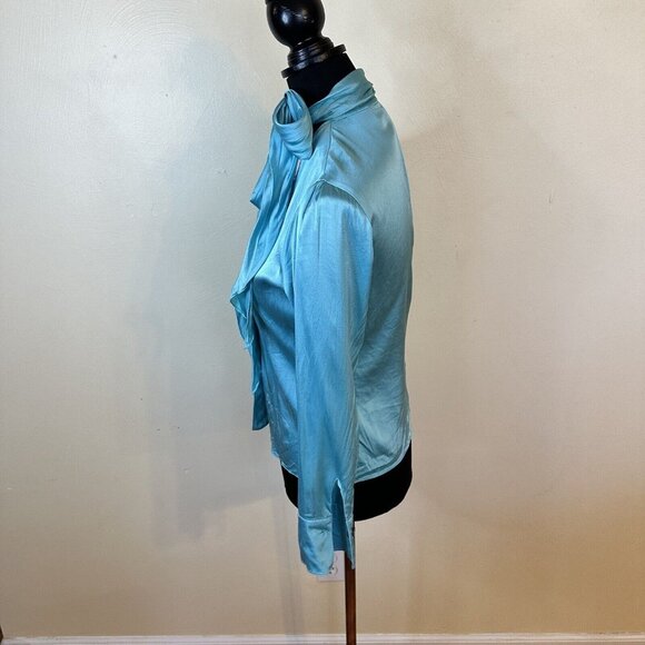 Linda Allard Ellen Tracy Womens Aqua Blue Career Blouse Top Neck Tie PS 4 Silk - Picture 2 of 8